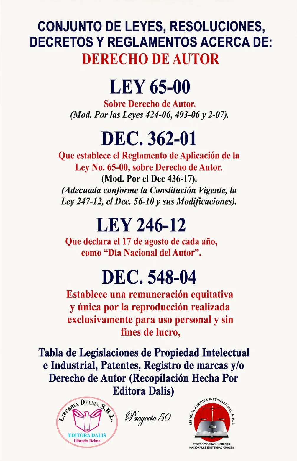 Conjunto de Leyes, Resoluciones, Decretos y Reglamentos acerca de Derecho de Autor, Ley 65-00